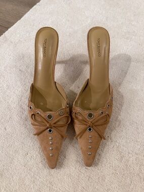 Tony Bianco Tan Suede Pointed-Toe Grommet Bow Mules